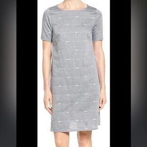 EILEEN FISHER Denim Blue‎ Cotton Nomadic Stripe A-Line Boat Neck Dress